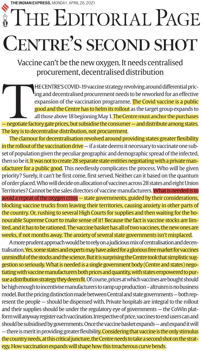 "The clamour for decentralisation revolved around providing states greater flexibility in the rollout of the vaccination drive. It was not to create 28 separate state entities negotiating with a private manufacturer for a public good."