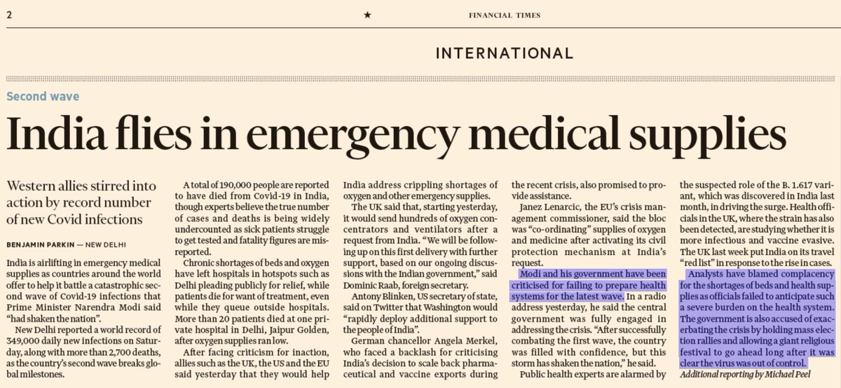"Modi and his Govt have been criticised for failing to prepare health systems. The Govt is also accused of exacerbating the crisis by holding mass election rallies and allowing a giant religious festival to go ahead long after it was clear the virus was out of control."