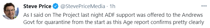 Steve's Tweeted today:"As I said on The Project last night ADF support was offered to the Andrews Govt for quarantine from the start"This is an entirely different argument from what he presented last night.Support and Security are different and the Coate Report agrees.