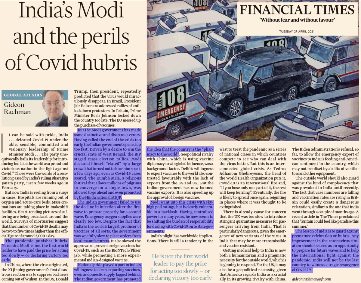 "the Modi government has made some distinctive and disastrous errors. Having centralised power for many years, he now seems to be shifting the burden of responsibility for dealing with Covid-19 on to state governments."  https://on.ft.com/3xpln2B 