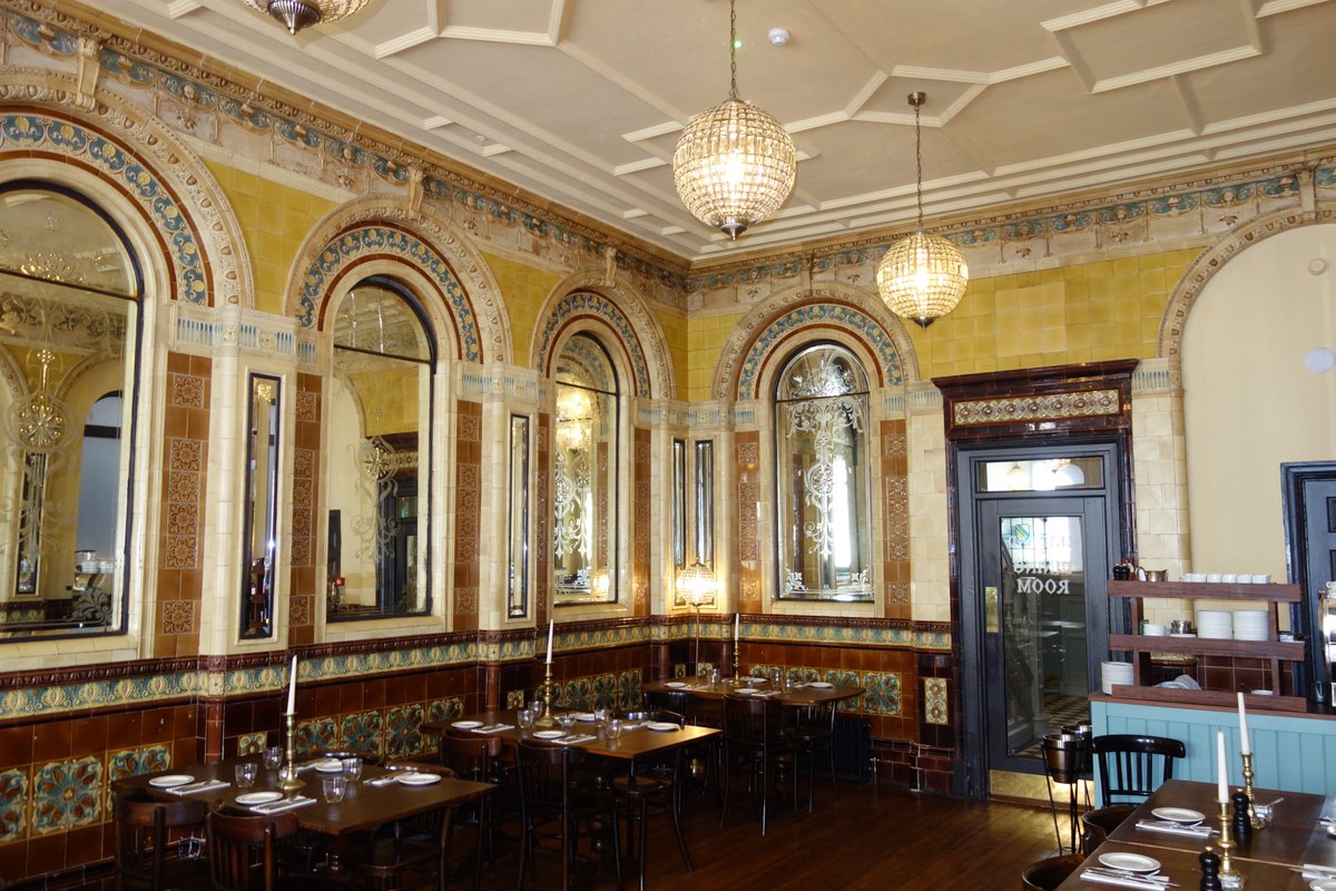 The spectacular tiled interior of #Middlesbrough's Zetland Hotel, designed by J.M. Bottomley in 1893 and executed by Craven Dunnill. Bottomley had travelled in Belgium, Italy and France, giving his work an eclectic character.