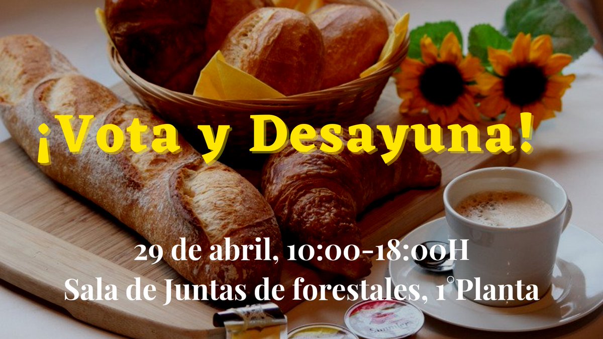 DAMFMN's tweet image. 🥐VOTA Y DESAYUNA🍺
Desde Delegación os animamos a votar en las elecciones a director de la escuela. Es más, ¡a los primeros 250 que voten el 29 de abril (10-18h) os invitamos a desayunar (o a cualquier consumición) por de hasta 2€!

🏬 : Sala de Juntas de forestales, 1°Planta