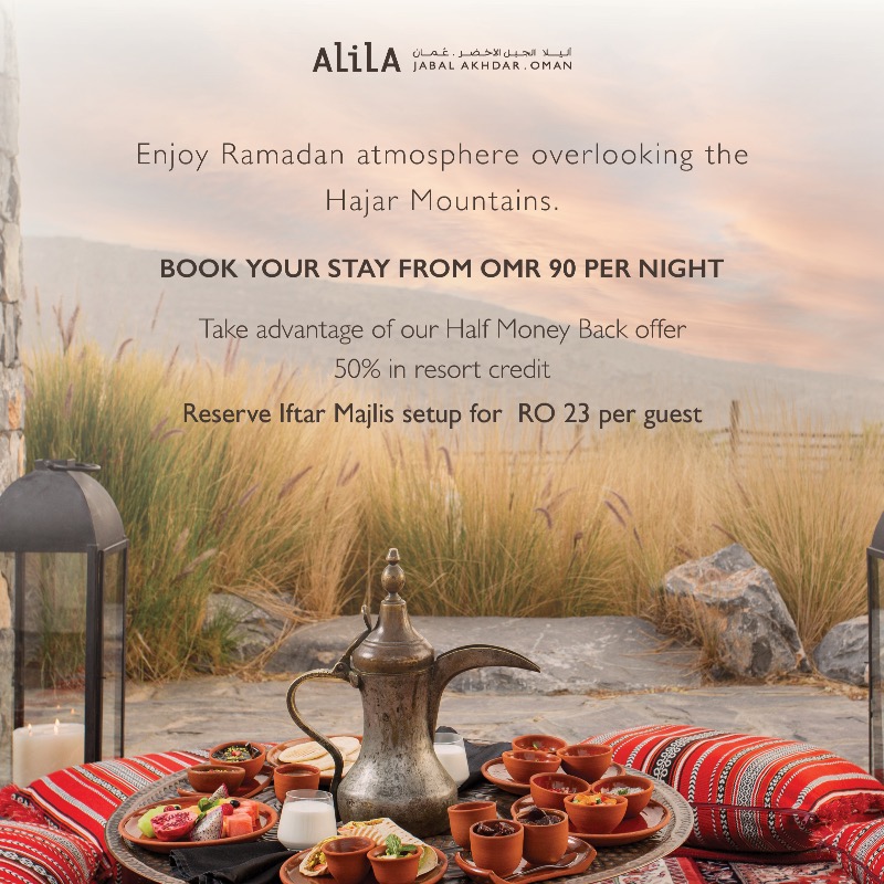 alila_jabal's tweet photo. استمتع  بأجواء رمــــــضان مع اطلالة مثالية على جبال الحجر الخلابة
 احجز مقابل ٩٠ ر.ع لليلة الواحدة
استفد من عرض استرجاع ٥٠ ٪ من مبلغ الحجز كرصيد  
احجز جلسة افطار  رمضان بقيمة ٢٣ ر.ع لكل ضيف

T : ＋96825344200 / 25344228⁣⁣⁣⁣
M:  https://t.co/hObpjVygf9