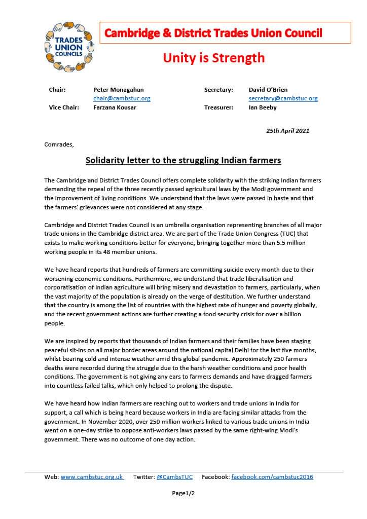 adampal1's tweet photo. Solidarity message for struggling Indian farmers from the working-class of #Cambridge, UK.
Long live internationalism!
Workers of the world unite!
#Britain #Labour
#FarmersProtest
#indianfarmersprotest
#indefinitegeneralstrike
#farmersandworkersunity
@jeremycorbyn @zarahsultana https://t.co/dJdokp1Pdb