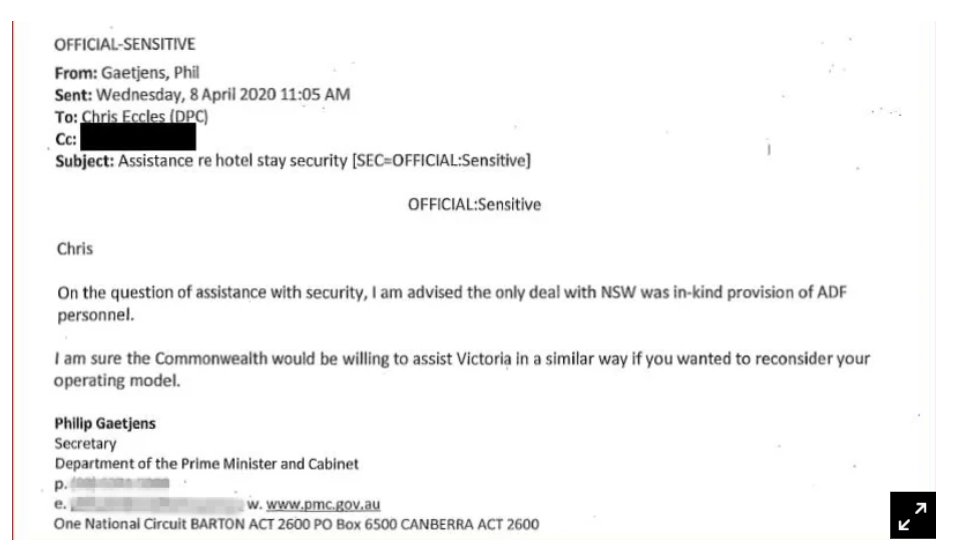 This email from Phil Gaetjens: 1) Is not an offer, it is a suggestion2) Phil Gaetjens is NOT authorised to offer the ADF anyway, he is a secretary3) We know from Linda Reynolds that the ADF was not providing hotel security