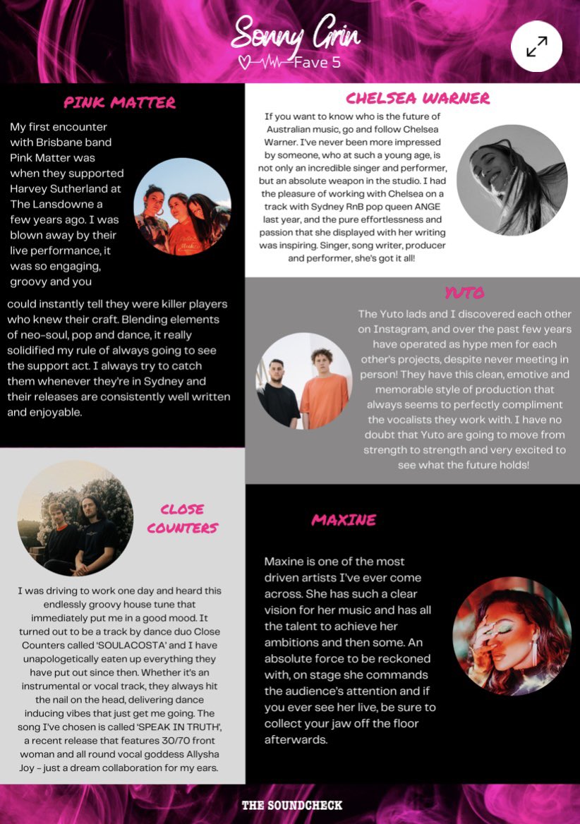 Had a great chat to @thesoundcheckau about my top five upcoming artists! Shoutouts to my faves @pinkmatterband, Chelsea Warner, Yuto, @MAXINECHAMP and @closecounters 🕺