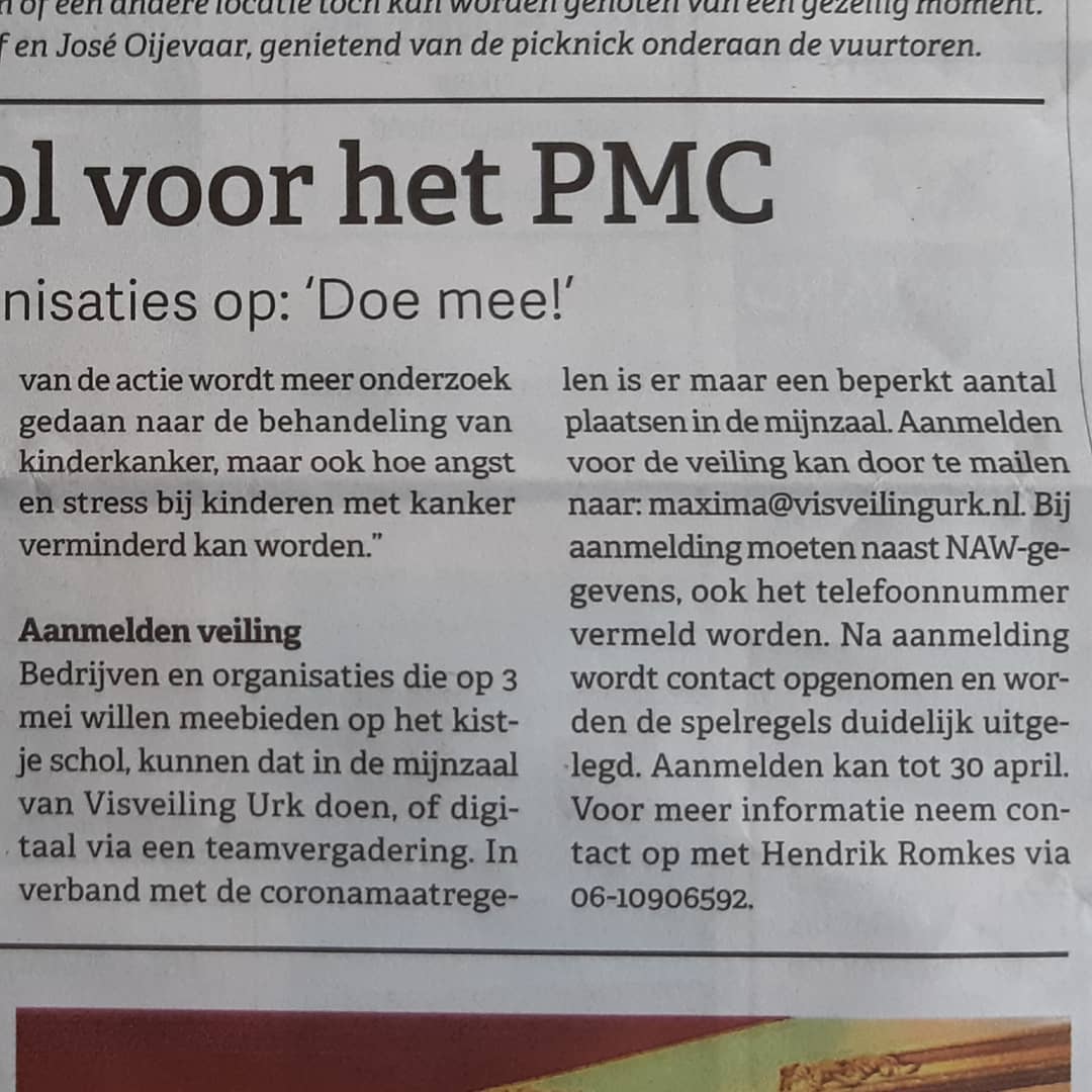 Volgende week maandag 3 mei de veiling van het kistje schol. Meedoen kan ook digitaal. Bieden kan vanaf 50 euro. Staat open voor elk bedrijf of organisatie. Meer info in het artikel.