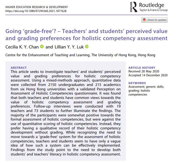 luk_lillian's tweet photo. Here is another new paper with @CeciliaKYChan
on teachers' & students' perception of holistic competencies. #21stcenturyskills #genericskills #assessment #grading #highereducation 50 free copies here💁♀️: https://t.co/cSJGhjffVo https://t.co/9LO9OmGcxY