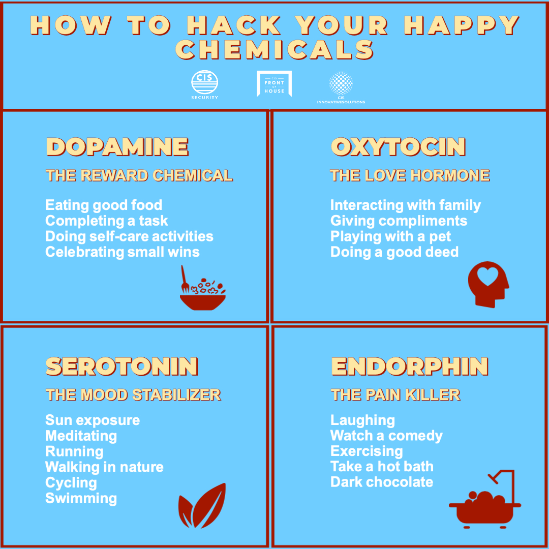 Happy Tuesday! 

It is the last week of #StressAwarenessMonth and following on from our poll (thank you to all those who got involved and voted!) we have collated some great tips related to our four "happy chemicals". 

#mentalhealth #stresstips #work #copingstrategies