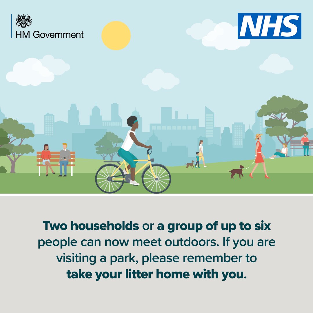 Two households or a group of up to six people can now meet outdoors. If you are visiting a park, please remember to take your litter home with you. 👩‍👩‍👧👨‍👩‍👦 #StickToSix #RuleofSix