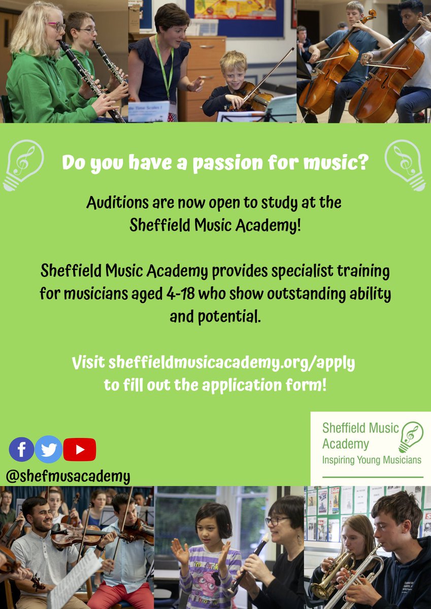 CreateSheff's tweet image. Auditions are now open to study at the @shefmusacademy! Sheffield Music Academy provides specialist training for musicians aged 4-18 who show outstanding ability and potential. Visit sheffieldmusicacademy.org/apply to fill out the application form.