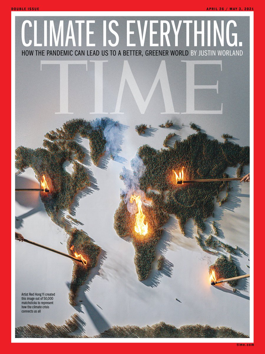 Thanks to Red Hong Yi @redhongyi and her amazing team for creating this week's TIME cover. It took two weeks to create the image made of 50,000 green-tipped matchsticks - which she then set on fire to represent how the climate crisis touches us all. @TIME https://t.co/PfKhTreh0V