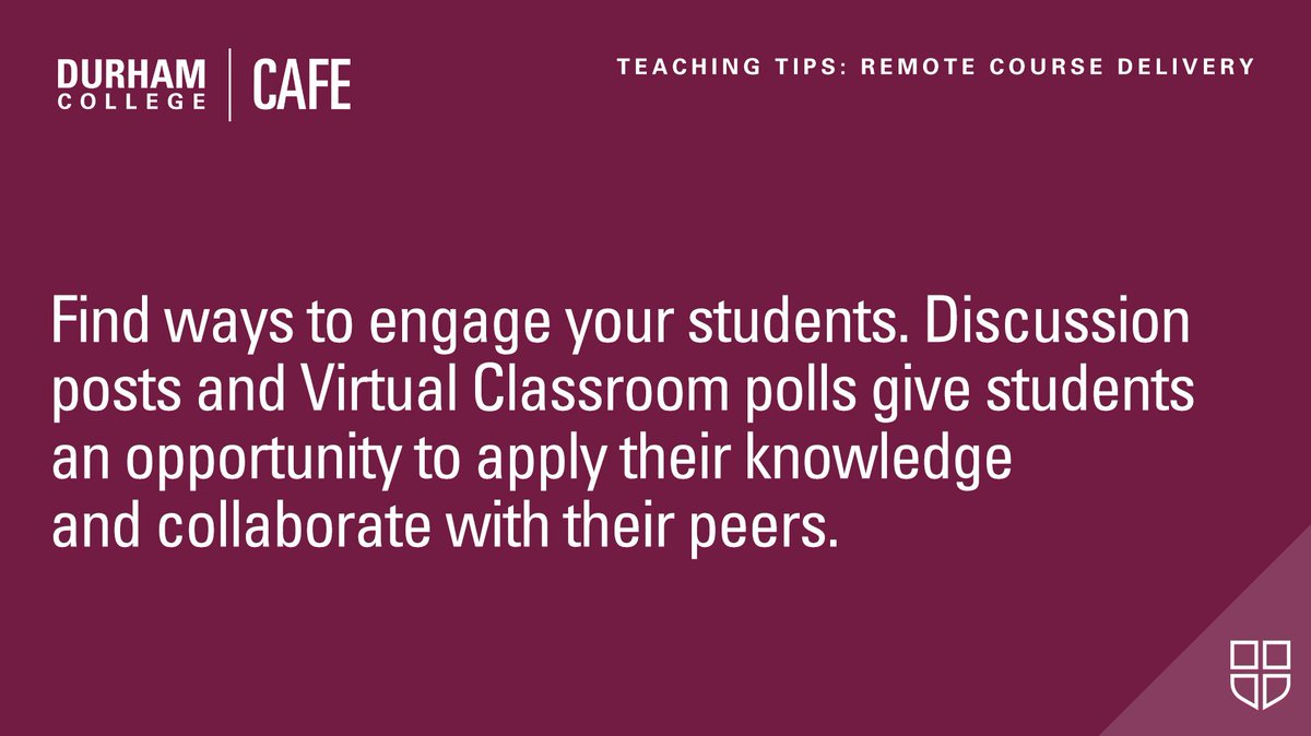TheDCCTL's tweet photo. #TeachingTips - #RemoteDelivery: Find ways to engage your students. Discussion posts and Virtual Classroom polls give students an opportunity to apply their knowledge and collaborate with their peers. #CAFETips https://t.co/o6tVTlQ25N