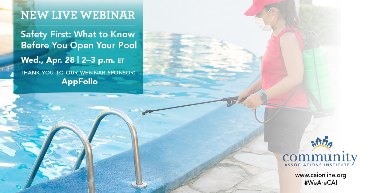 CAIsocial's tweet photo. It's the question on every #HOA board member's mind: How to safely open the community #pool? Our panel of experts answers your questions during CAI's new, live, 1-hour webinar. Register now: https://t.co/oybO8MWREP #WeAreCAI https://t.co/FKECFlbofY