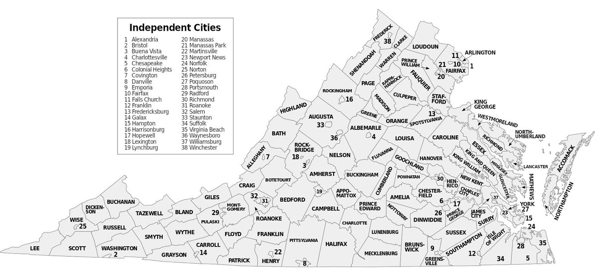 Virginia is organised weirdly, it has masses of "independent cities" that run themselves and aren't part of the surrounding county, but i'm still just going alphabetical by city & county