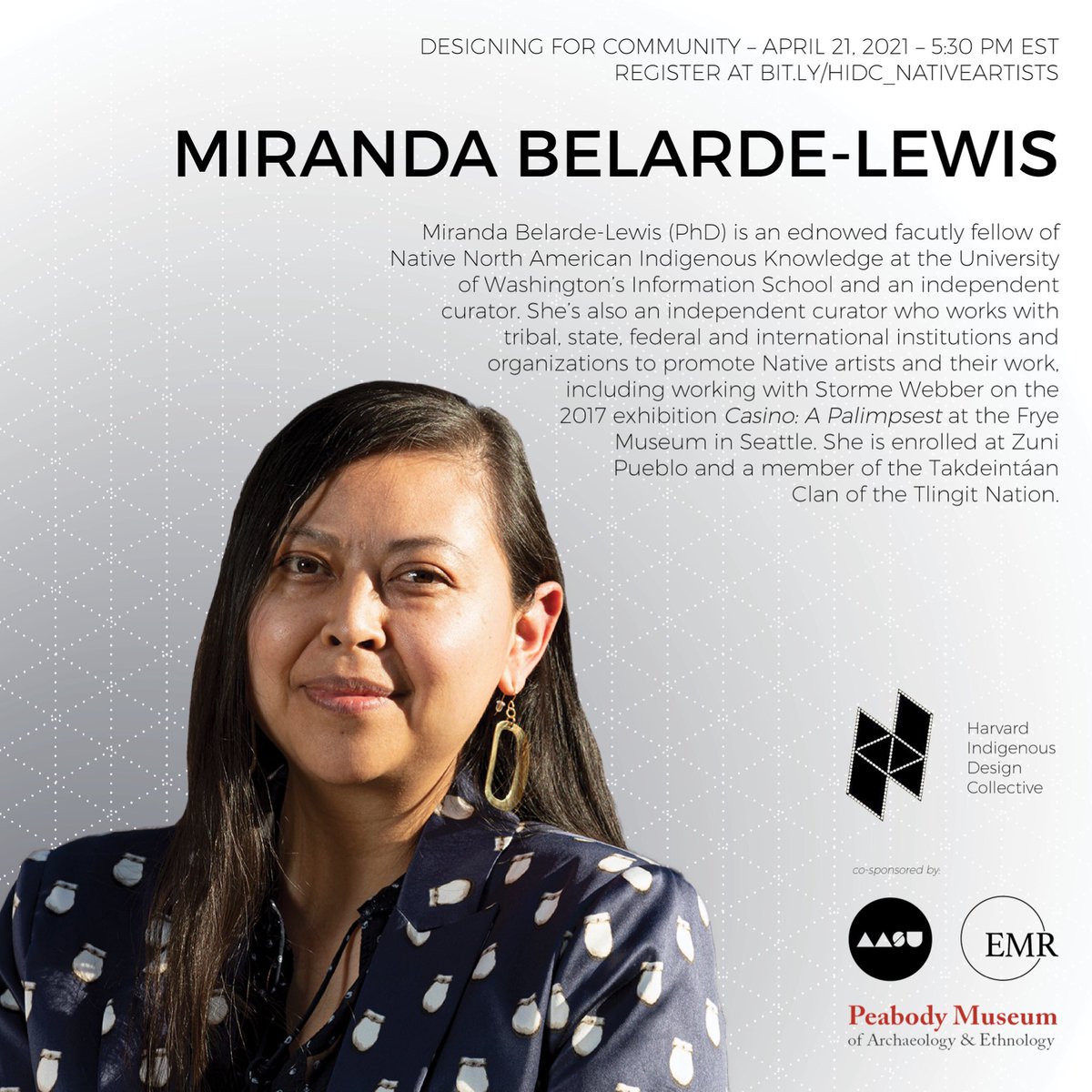 Join us on April 21st at 5:30 EDT for “Designing for Community: In Conversation with Storme Webber &amp; Miranda Belarde-Lewis.” bit.ly/HIDC_NativeArt… <a href="/peabodymuseum/">Peabody Museum</a> <a href="/UW/">University of Washington</a> <a href="/GSDAASU/">Harvard GSD AASU</a> #indigenous