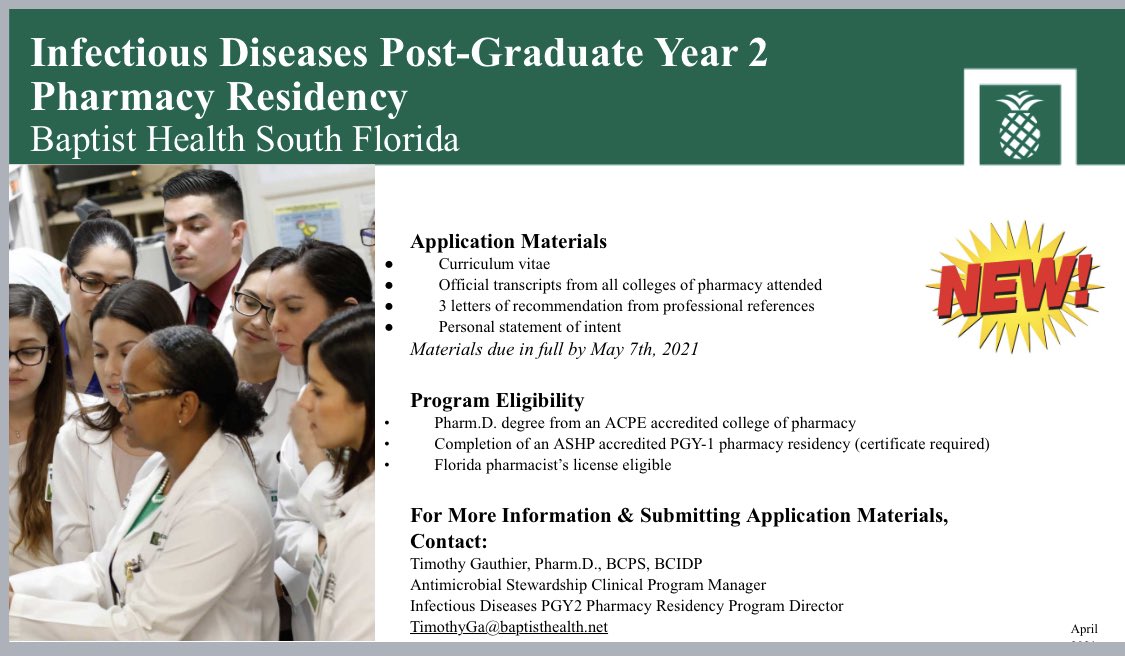 👀 Check it out - <a href="/BaptistHealthSF/">Baptist Health</a> is now recruiting for a *NEW* PGY2 ID pharmacy residency! 

Details: sidp.org/Residencies/10… 

Please share 🤓 #IDtwitter #TwitteRx