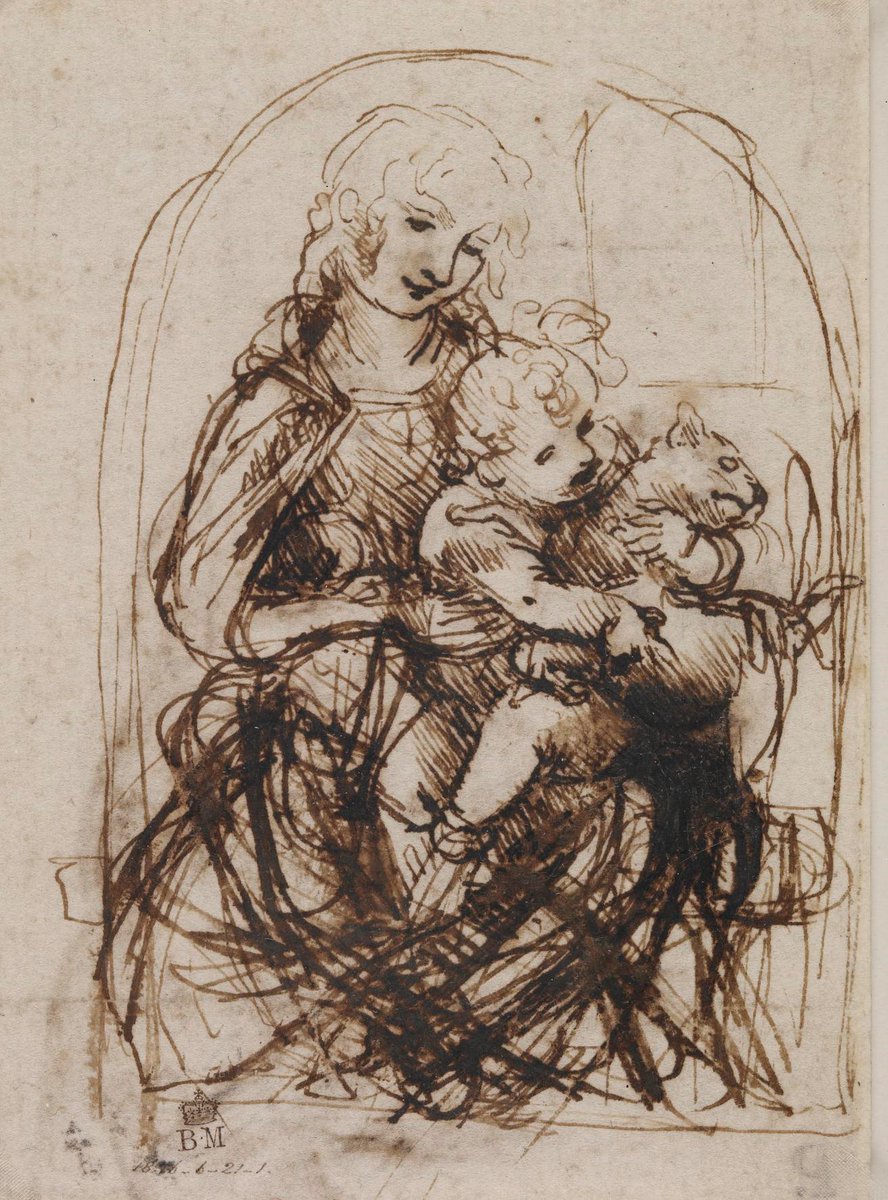 Today's  #NationalPetMonth post  #OTD in 1452, Leonardo da Vinci was born. Here's one of his drawings of Virgin and Child with Cat (1478-1481). Cat does not look overly thrilled about the situation, and Baby Jesus is probably asking for trouble....(British Museum 1856,0621.1)