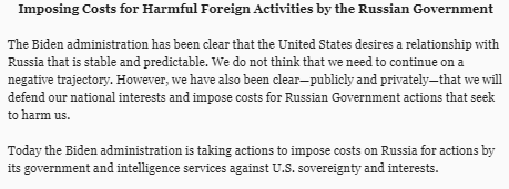 saraecook's tweet photo. #BREAKING: The Biden admin announces sanctions against Russia, including against:
-32 Russian entities &amp; individuals for election meddling
-8 individuals &amp; entities for Crimean occupation
-6 tech comps designated for malicious cyber activities
-Expel 10 Russian officials from US https://t.co/uRV2h2WQRH