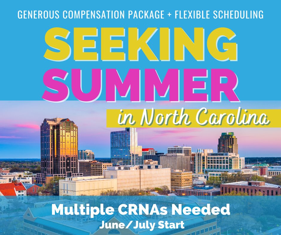HeatherSpinetti's tweet photo. Large level 1 trauma site in #NorthCarolina seeks #CRNAs for 3 month #Summer contract. OB, Ortho, Hearts, Heads, Endo + Cataracts. Must have NC license and be Medicare/Medicaid enrolled. View the full job description at https://t.co/PQkGtoVX1k #crnajobs #dreamjobnationwide https://t.co/DfHwHLFI3f