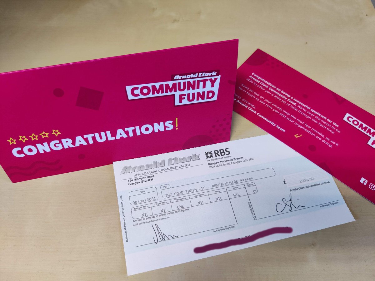 Don't you just love it when you get a suprise in the post? This came from the Arnold Clark Community Fund today. <a href="/ArnoldClark/">Arnold Clark</a> continue to be a great support to <a href="/FoodTrainScot/">Food Train</a> in Renfrewshire going above and beyond to deliver vans to us last year.