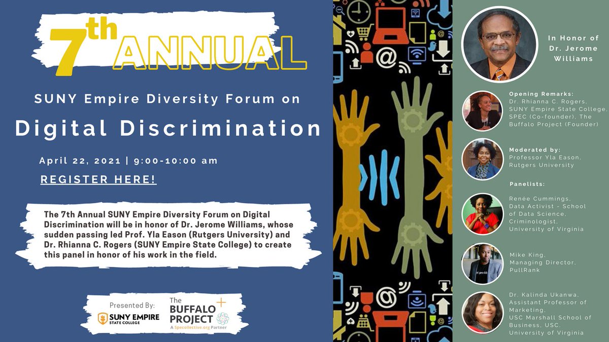 We are happy to support this special #dei event organized by our founder, Dr. Rhianna Rogers.
Register for your virtual view today!

#Specollective #diversityequityinclusion #digitaldiscrimination #Thebuffaloproject #ai #algorithims #virtualevent #discrimination #highereducation