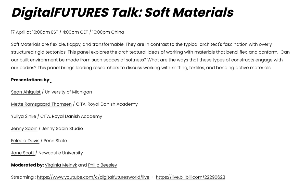 Bio_Buildings's tweet photo. Join this weekend's @_DigitalFUTURES Talk on #SoftMaterials. HBBE member Dr. Jane Scott and other leading researchers discuss working with #knitting, #textiles, and #activebending within #architecturaldesign.
SAT, 17 April at 10:00am EST / 4:00pm CET
https://t.co/ZaFJZyXNAx https://t.co/e221wufwZw