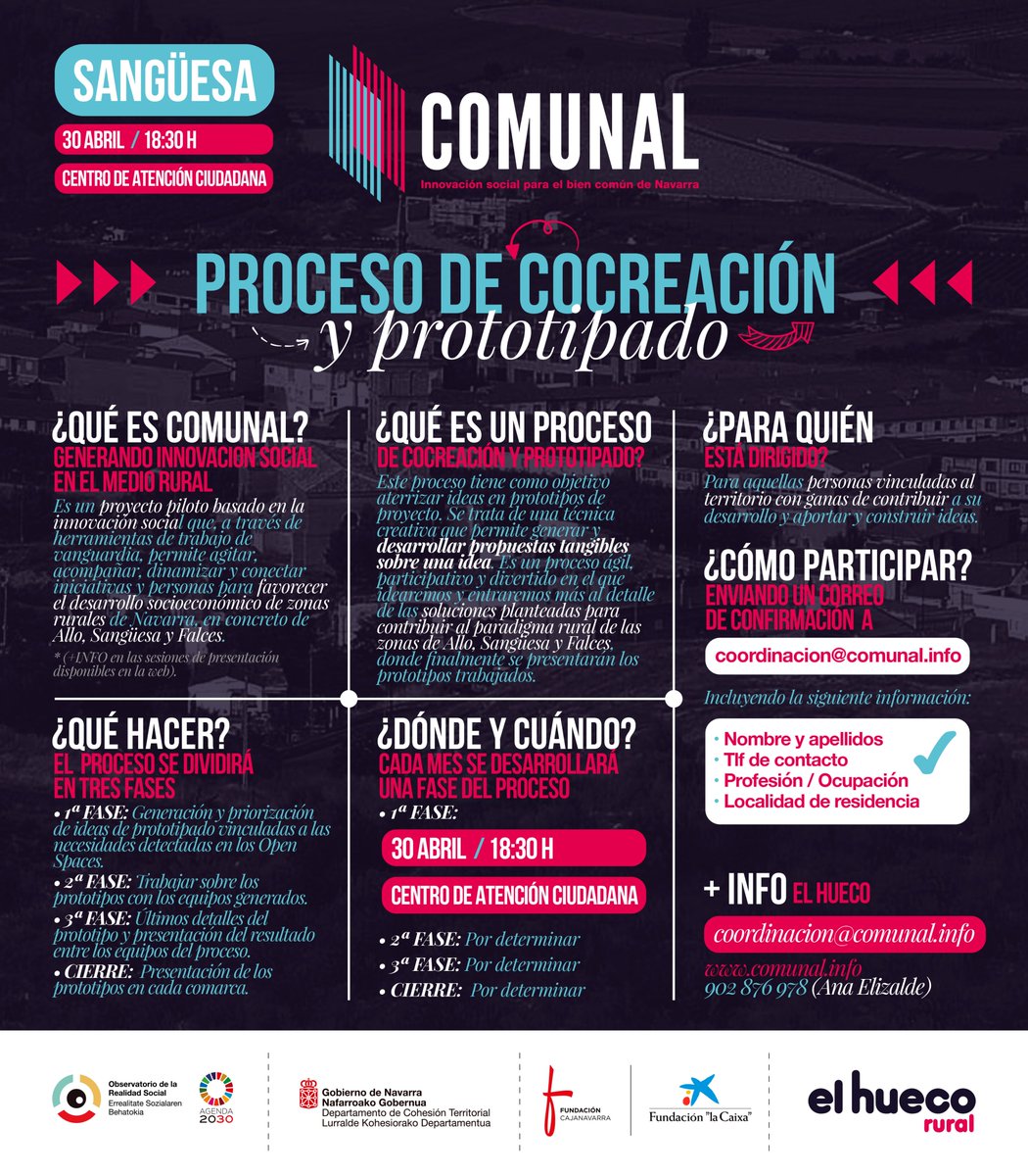⏺ Ya tenemos las fechas de la primera sesión de todos los procesos de cocreación y prototipado.
👉 Falces. 22 de abril. 
👉 Allo. 29 de abril. 
👉 Sangüesa. 30 de abril. 
➡️ Información e inscripciones: coordinacion@comunal.info o llamando al 902 876 978.
