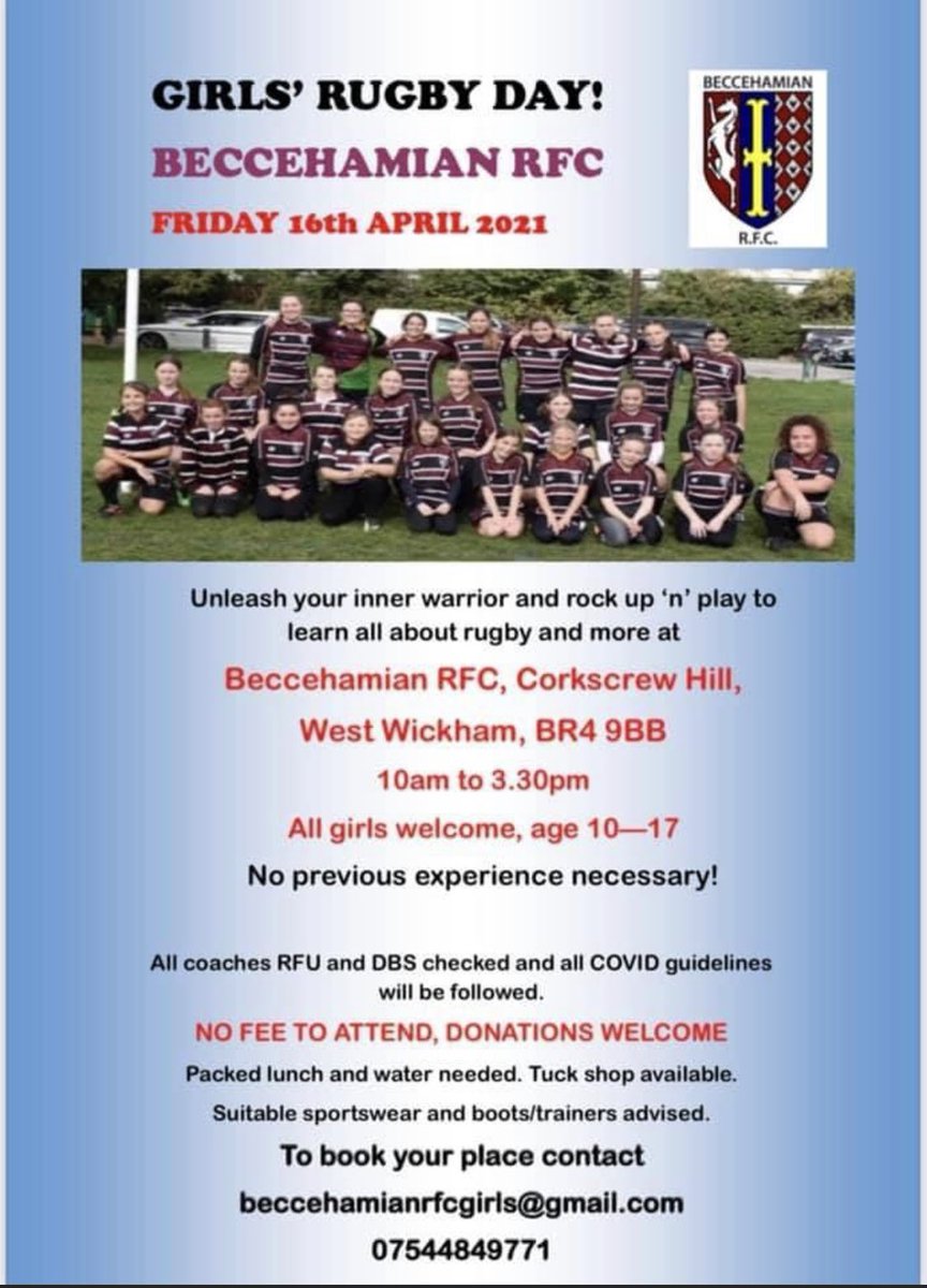 HayesSch_Rugby's tweet photo. Just over 24hrs until @BeccehamianRFC host the #girlsrugby camp at Sparrows Den. Open to all and a great intro to the sport and the club for girls age 10-17. https://t.co/j39vuXqJXp