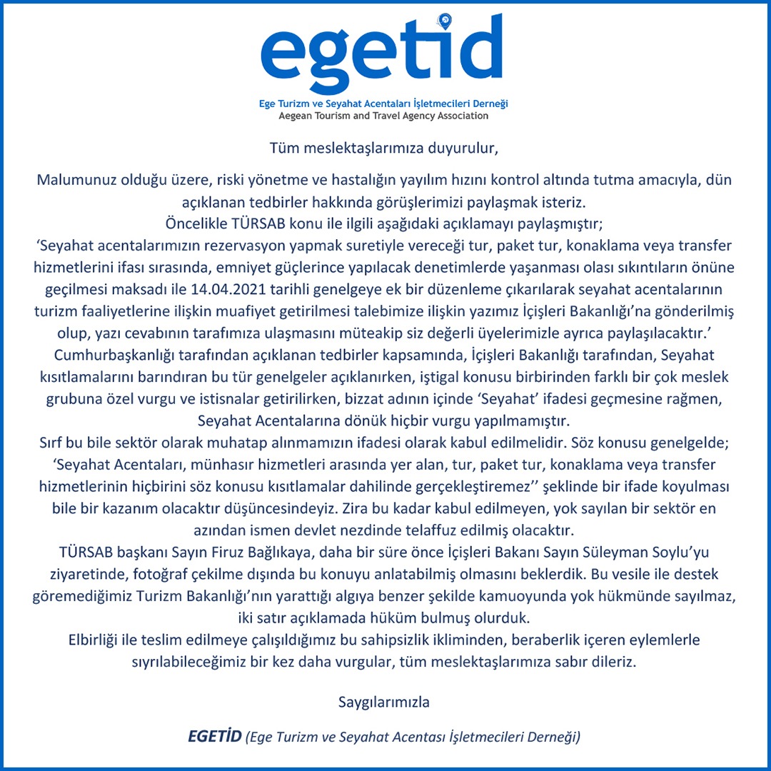 14 Nisan Kısıtlama genelgesi ile ilgili tüm meslektaşlarımıza ve kamuoyuna duyurulur...
<a href="/tursaborgtr/">TÜRSAB</a> <a href="/TCKulturTurizm/">T.C. Kültür ve Turizm Bakanlığı</a> <a href="/TC_icisleri/">T.C. İçişleri Bakanlığı</a> <a href="/iletisim/">T.C. İletişim Başkanlığı</a>