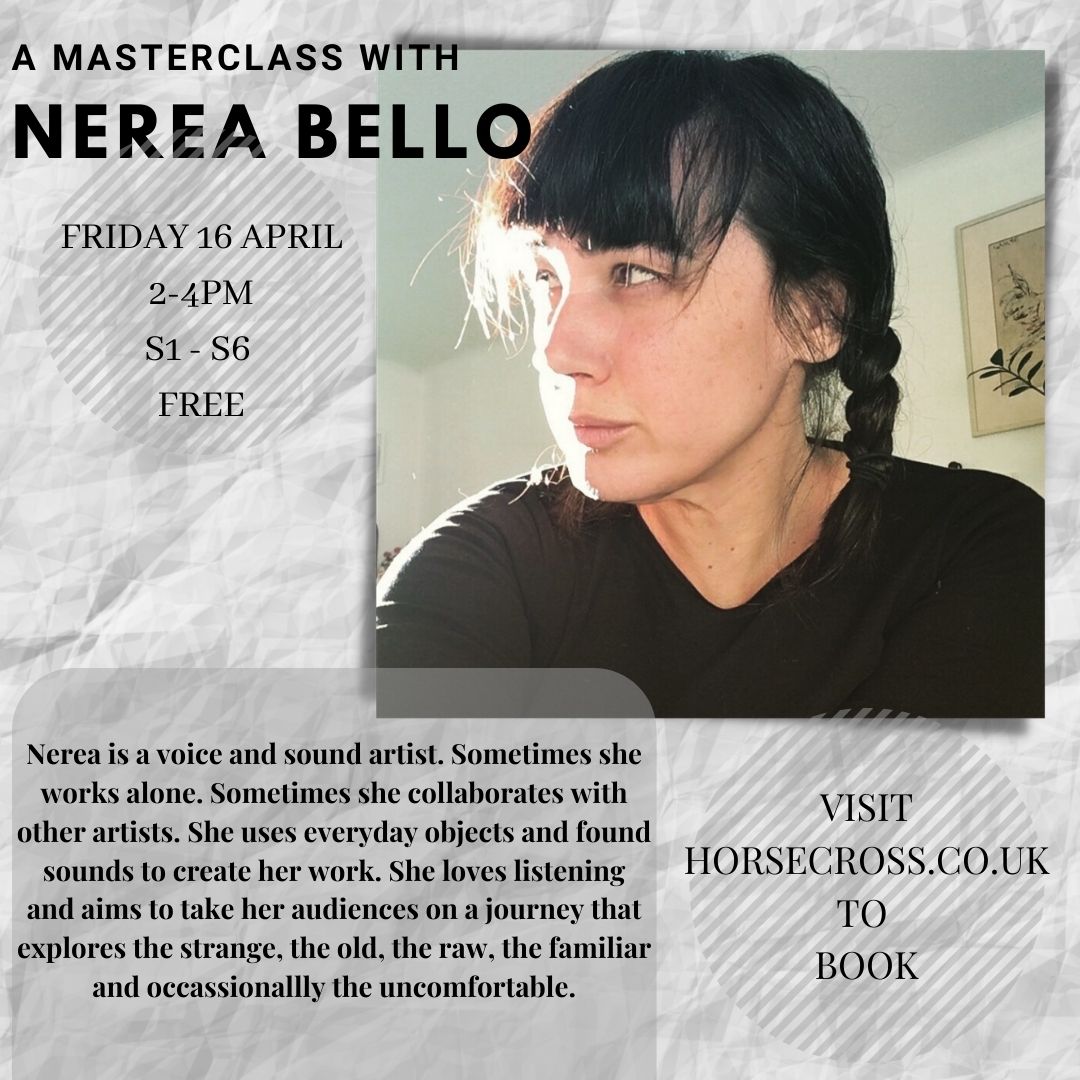 Tomorrow we have a special online Masterclass workshop with voice and sound artist Nerea Bello. Perfect for anyone with an interest in singing or music! Join Nerea to make your very own sound design. 2-4pm tomorrow for all S1-S6s. Reserve your spot on our website @HorsecrossPerth