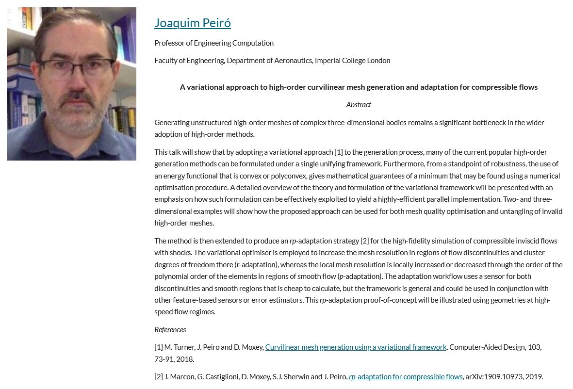 The first plenary lecture of the #UKACM2021 conference is being delivered by Prof Joaquim Peiró <a href="/aeroimperial/">Imperial Aeronautics</a> <a href="/imperialcollege/">Imperial College London</a>. Prof Peiró presents a variational approach to high-order curvilinear mesh generation and adaptation for compressible flows