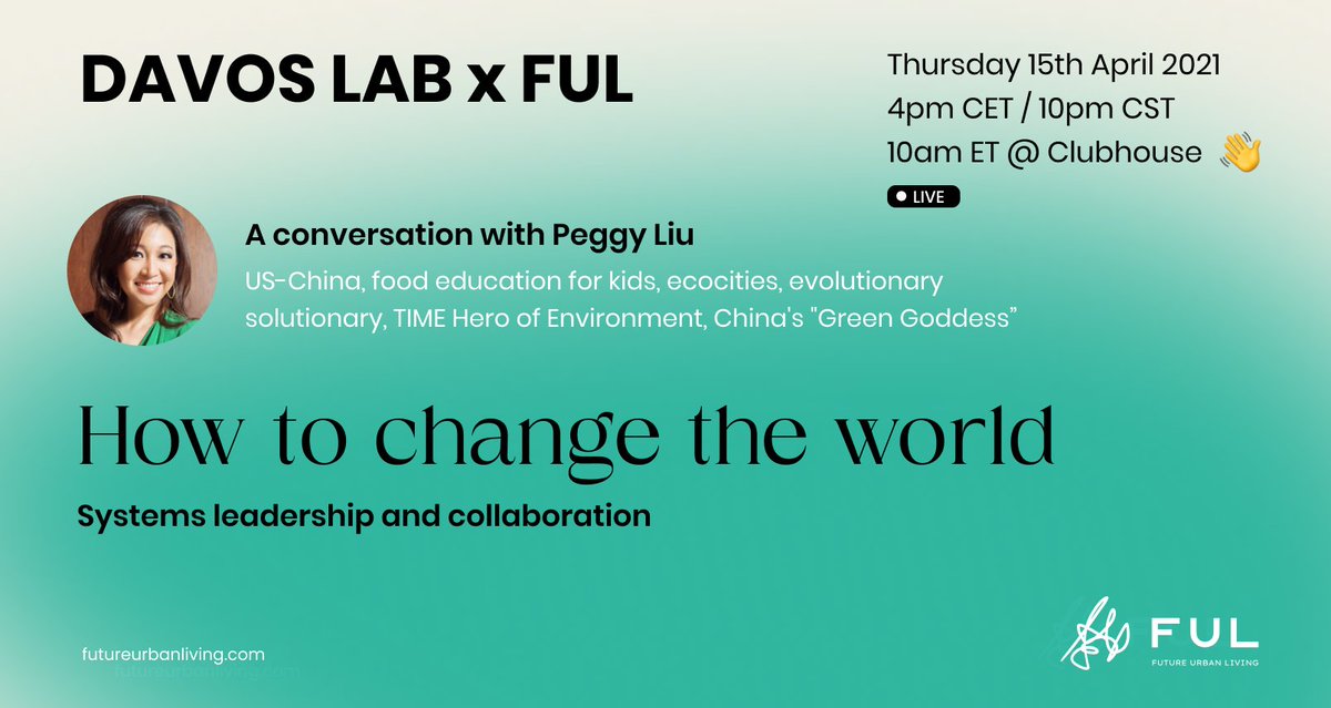 We're excited to have <a href="/shanghaipeggy/">Peggy Liu</a> on stage for #DavosLab on systems collaboration - as someone who's been at the heart of greening #China and shaping the global agenda herself. 

☞ Join us here: joinclubhouse.com/event/m26oBZ24

#systems #leadership #circulareconomy #WEF #DavosAgenda