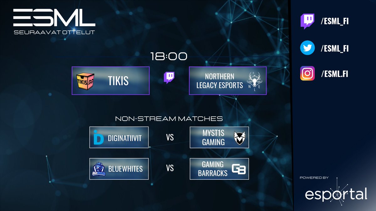🔥 HOX! 🔥

Runkosarjan huipennus nähdään tänään!

🕕18.00
📺twitch.tv/esml_fi
 
@TIKISesports - <a href="/northern_legacy/">NLEFI</a> 
<a href="/Diginatiivit/">Diginatiivit</a> - <a href="/Myst1sGaming/">Myst1s Gaming</a> 
<a href="/BlueWhites/">BlueWhites</a> - <a href="/Gaming_Barracks/">Gaming Barracks</a> 
<a href="/RootsGaming1/">Roots Gaming</a> - <a href="/JAMK_fi/">Jamk</a> 

Striimiottelun ennakko: twitlonger.com/show/n_1srllni

#esml #esportsfi