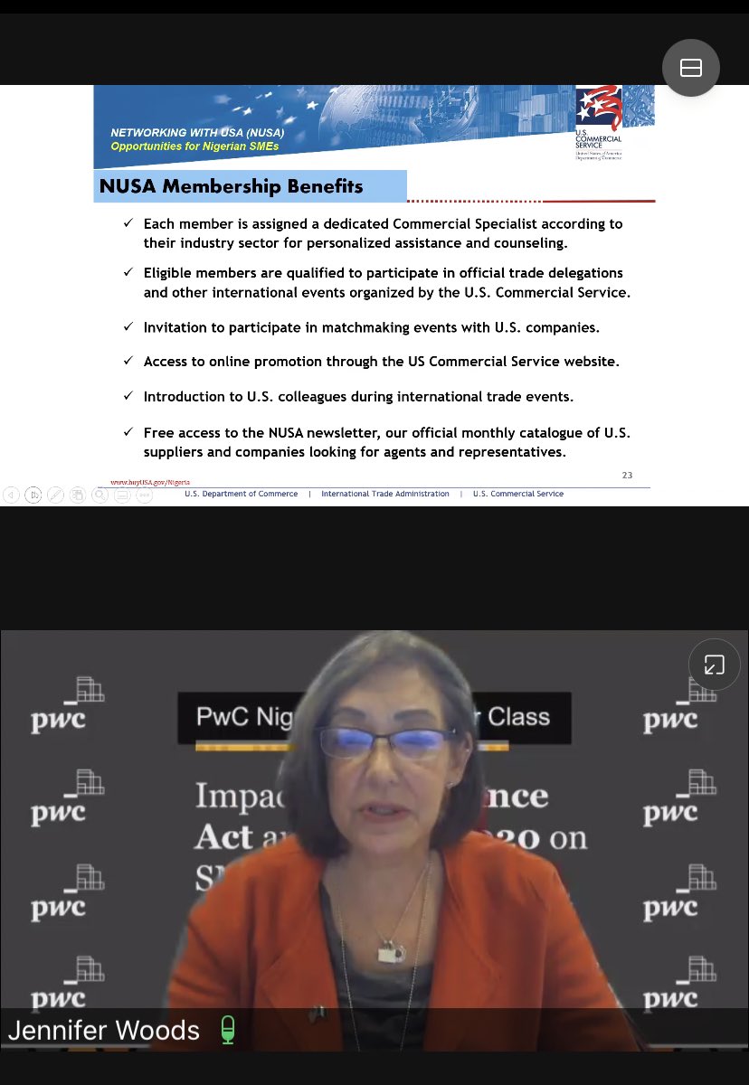 “Nigerian businesses wishing to do business with U.S. companies can leverage opportunities presented by the Networking with USA Program of the U.S. Commercial Service” - 

Commercial Counselor, Jennifer Woods, speaking at the Nigerian SME Masterclass by <a href="/PwC_Nigeria/">PwC Nigeria</a>