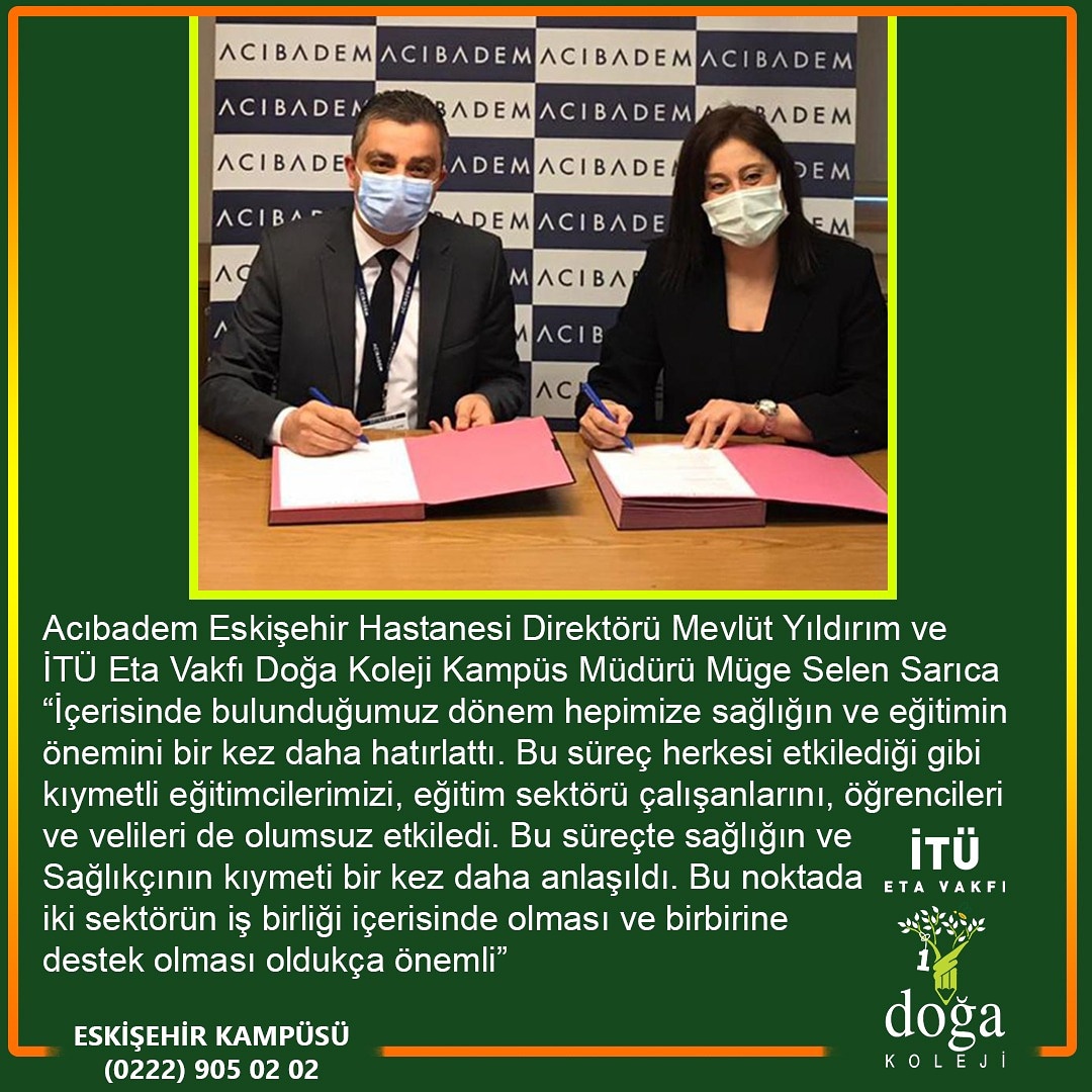 <a href="/AcibademSaglik/">Acıbadem Sağlık</a> Eskişehir Hastanesi ve İTÜ ETA Vakfı Doğa Koleji Eskişehir Kampüsü arasında iş birliği protokolü imzaladı. Protokol, Acıbadem Eskişehir Hastanesi Direktörü Mevlüt Yıldırım ve Kampüs Müdürümüz <a href="/MugeSarica1/">Müge Selen</a> katılımıyla gerçekleştirildi.
 #sağlık #eğitim