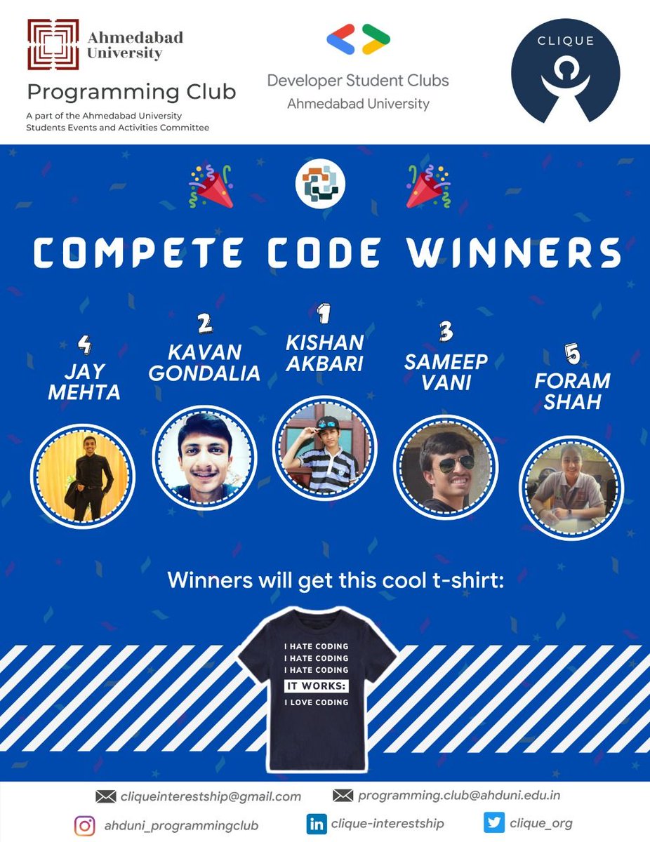 clique_org's tweet photo. Indeed the journey is the reward!
On successful completion of #CompeteCode, an event to break the inertia towards competitive programming organized by Clique with the programming committee of @AhdUniv , we are thrilled to reveal our final contest winners!
#programming #coding https://t.co/4shk0irpDD