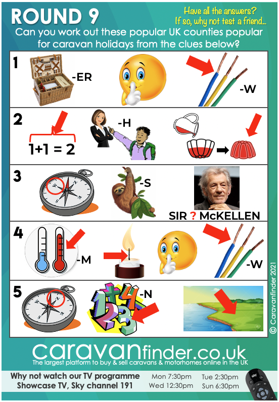 CaravanFinder's tweet photo. ***ROUND 9***

Round 9 of our Caravan Finder picture quiz is here! 
 
How many of the below popular UK counties  can you guess from the picture clues?

If you get all the answers, why not pass it on &amp; challenge a friend 😀 https://t.co/qXeYwIYaqC