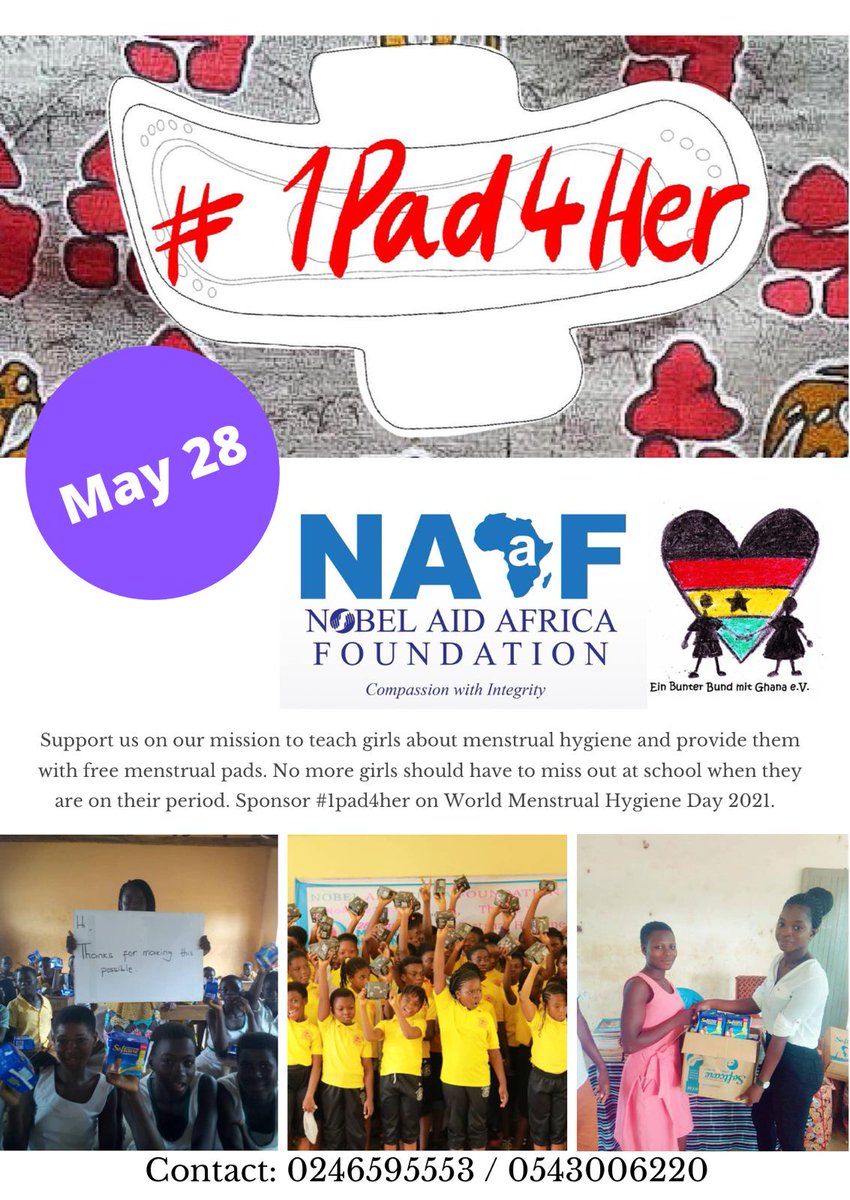 naafghana's tweet photo. Today we launch our commitment to making sure that no girl is left behind because of her #Period with our #MHD education partner Ein Bunter Bund Mit Gh e.v, through this partnership under the #1Pad4Her campaign. Join the campaign by tweeting an inspiring quote &amp; using the Hashtag https://t.co/oWelraG7zn