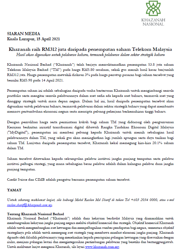 Khazanah Nasional On Twitter Khazanah Announced Today It Raised Rm312 Million From Share Placement Of Telekom Malaysia Proceeds Will Be Used For Investments Including In New Strategic Sectors That Can Help