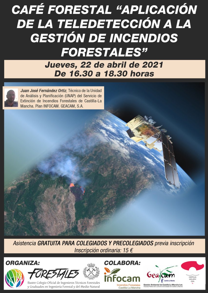 #CaféForestal “APLICACIÓN de la #TELEDETECCIÓN a la GESTIÓN de INCENDIOS FORESTALES” #IIFF

Jueves, 22 abril de 2021, de 16.30 a 18.30 h.

GRATUITA para colegiados y precolegiados previa inscripción.

Toda la info e inscripciones 👇👇👇

forestales.net/Canales/Ficha.…