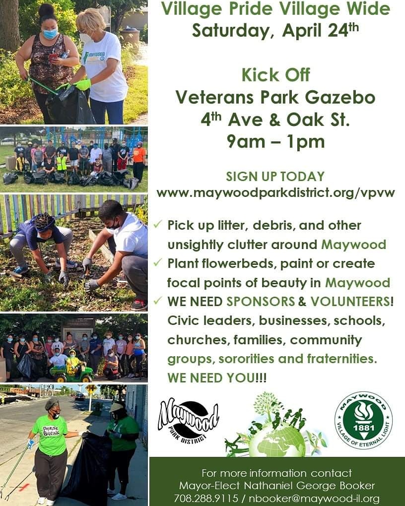 Have you registered to participate in the Village of Maywood Village Pride-Village-Wide Kick Off Day on April 24, 2021?

Register as an individual or team today at maywoodparkdistrict.org/vpvw #MAYWOODTOGETHER
