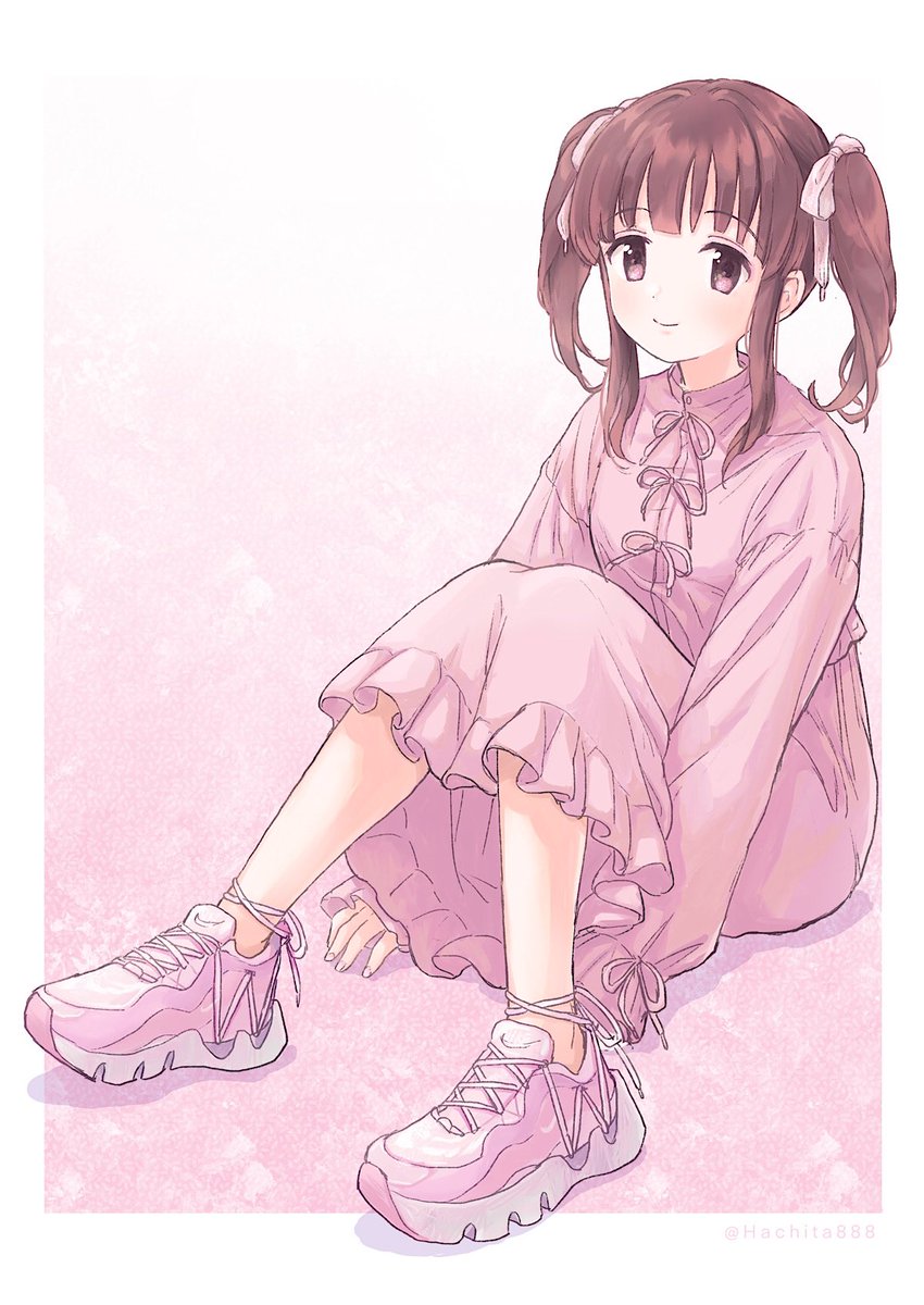 ogata chieri 1girl solo twintails dress sitting brown hair pink dress  illustration images