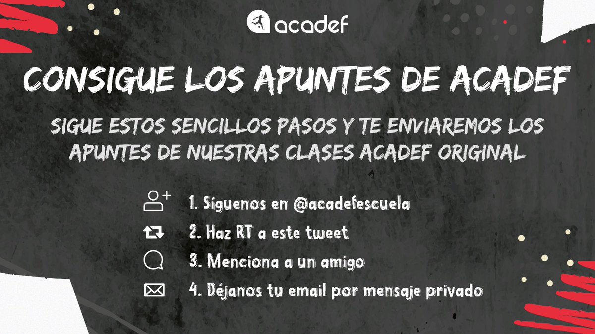 ‼️ ¡HAZTE CON LOS APUNTES DE ACADEF!

¿Quieres los ejercicios que utiliza nuestro profesor <a href="/alvarog_rey/">Álvaro Gómez-Rey</a>? Sigue estos sencillos pasos:

➡️ Síguenos.
🔁 Haz RT a este tuit.
🙋‍♂️Menciona a un amigo.
📨 Envíanos un MD con tu email.

⌛ ¡El plazo termina mañana a las 12:00 horas!
