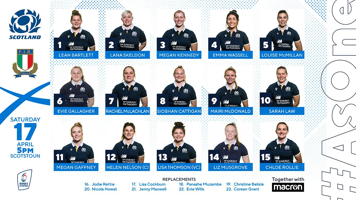 Scotlandteam's tweet photo. Your Scotland team to face Italy this Saturday in the #WomensSixNations 🏴󠁧󠁢󠁳󠁣󠁴󠁿

🕔 kick-off 5pm BST
📺 @BBCiPlayer 

#AsOne https://t.co/hZGHkvS9kK