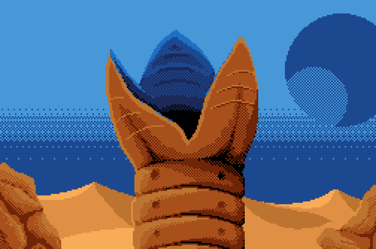 pixelcro's tweet photo. Spent the morning hunting for a tasty worm. Found this spicy boi #pixelart #dune #walkwithoutrythm https://t.co/bekiUgPpIe