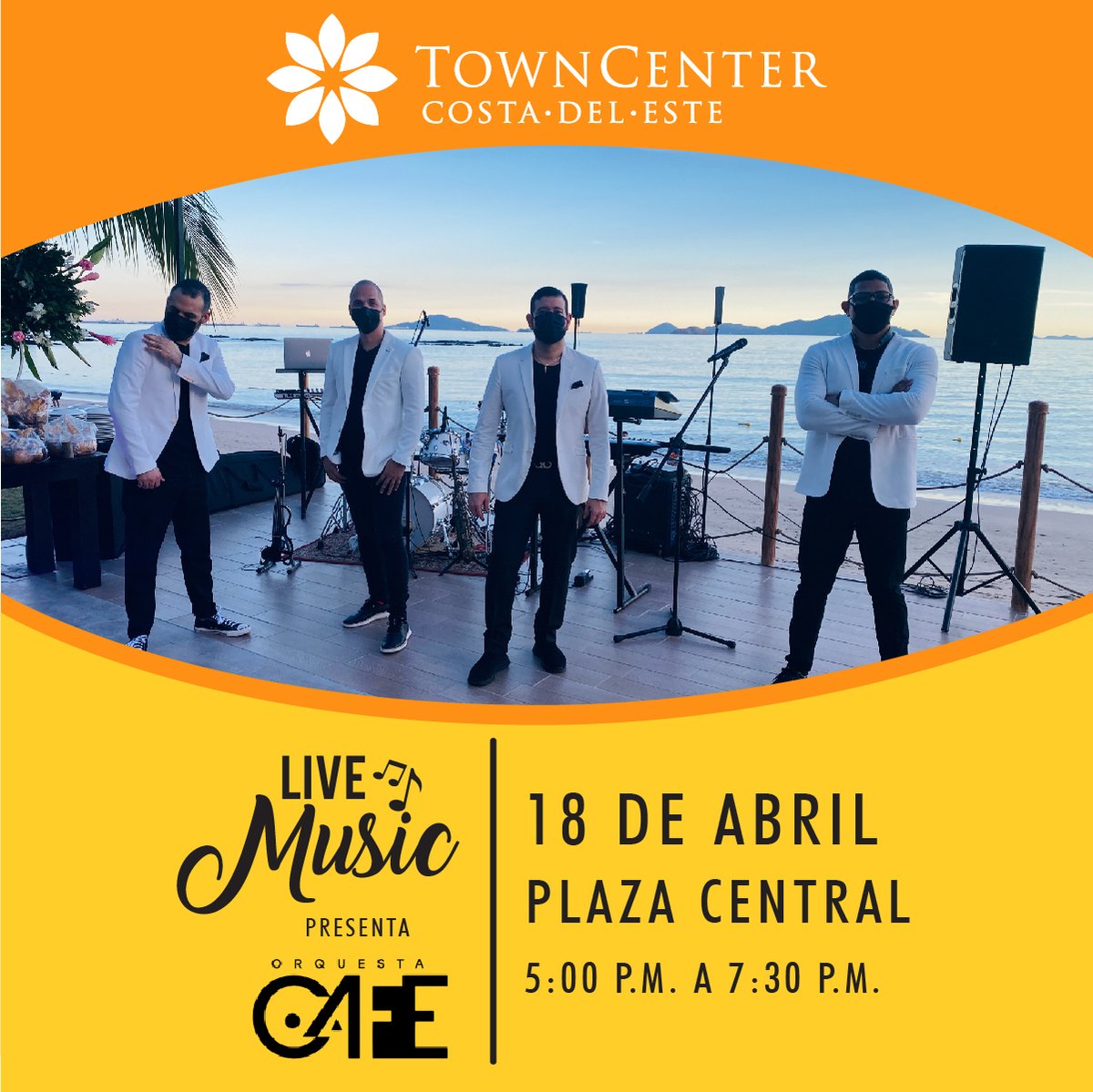 😃🕺 <a href="/OrquestaCafe/">Orquesta Café</a> te pondrá a bailar este domingo 18 de abril en nuestra Plaza Central. ¡Agenda la fecha! Y disfruta junto a nosotros del Live Music, al aire libre, de 5:00 p.m. a 7:30 p.m.

Para conocer las actividades del mes, visita nuestro sitio web: towncenter.com.pa