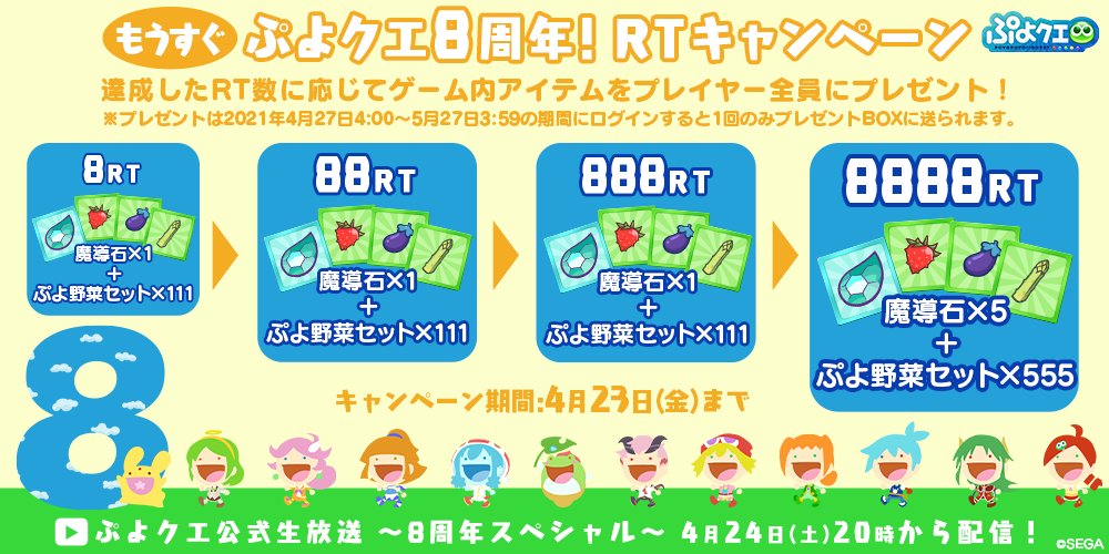 ぷよぷよ クエスト公式 ぷよクエ もうすぐ ぷよクエ 8周年 Rtキャンペーン Rt数に応じてユーザー全員にゲーム内アイテムをプレゼント rt達成で魔導石8個 ぷよ野菜3種 各8個 をめざそう フォロー Rtで応募完了 〆切は4 23 金 まで 4 24 土