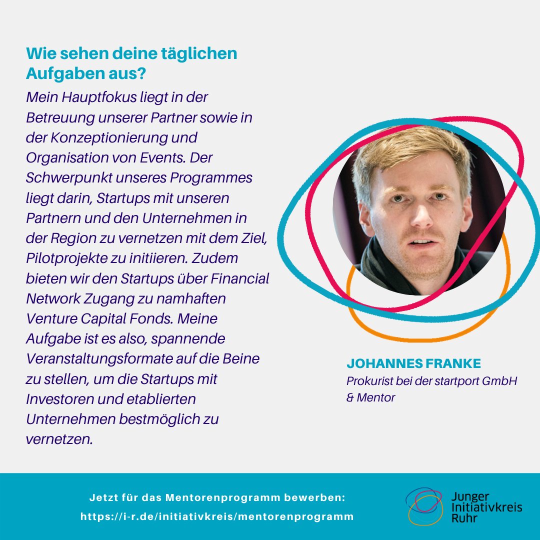 Junger_IR's tweet photo. Johannes ist JIR-Mitglied der ersten Stunde. Ehrensache, dass der @startport_ruhr-Prokurist auch am neuesten Projekt mitwirkt:  
➡️ https://t.co/qUK9dShWok 
Als #Mentor öffnet er Studierenden künftig sein riesiges #Netzwerk im #Ruhrgebiet, gibt Tipps und ermöglicht Einblicke. 👇 https://t.co/vofpqlJtmS