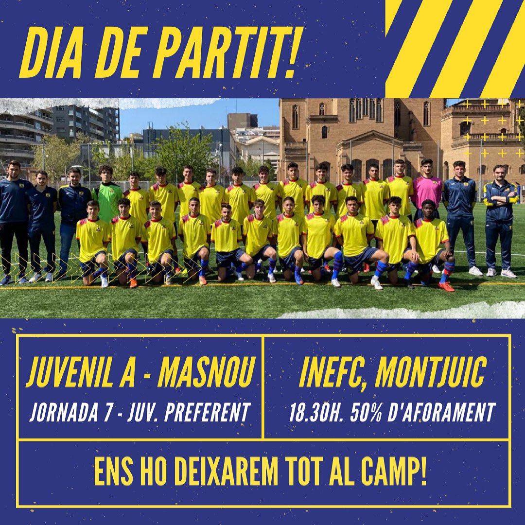 Avui el nostre Juvenil A juga a INEFC un partit ajornat corresponent a la Jornada 7 de la Lliga Juvenil Preferent. El rival, el Masnou.

Moltes ganes de tornar a guanyar en aquesta categoria tant competida!

Ens ho deixarem tot!💪⚽️